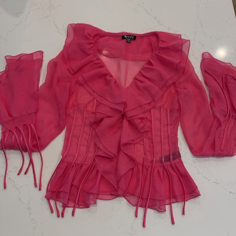 Dolls Kill Elegant Pink Chiffon Lace Ruffle Blouse Women's XXS Extra Small Top